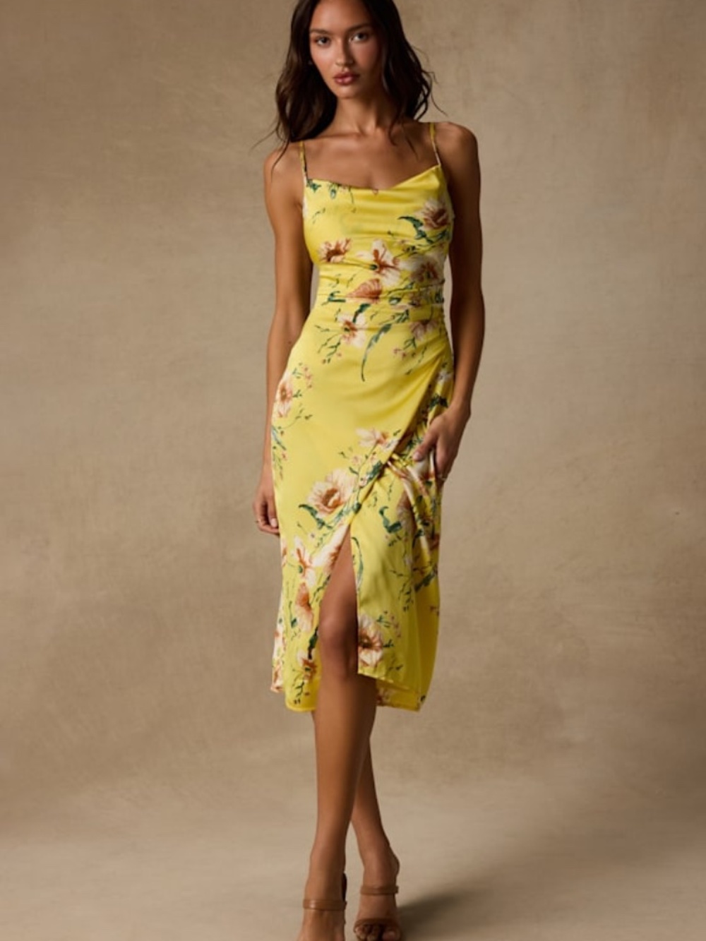 NWT Lulus Sunny Blossom Yellow Floral Print Satin Cowl Neck Midi Dress - Size M